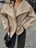 Tineit Fashion Solid Woolen Coat Women Lapel Double Breasted Long Sleeve Pockets Jackets 2024 Autumn Lady Loose Elegant Commute Outwear