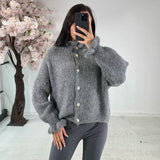 Tineit Fungus Collar Casual Solid Cardigan Women Chic Single Breasted Loose Knitted Long Sleeve Tops Sweater 2025 Autumn Elegant Coat