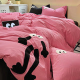 Tineit Pink Big Eye Embroidery Bedding Sets Ins Korean Style Washing Cotton Cute Duvet Cover Bed Sheet Set Pillowcases 3/4pcs