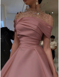 Tineit Elegant A-Line Evening Gown Elegant Dress Formal Floor Length Short Sleeve Illusion Neck Satin with Ruched Beading Prom Dress (PRE-ORDER)