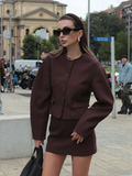 Tineit Vintage O Neck Solid Women Coat Slim High Waist Female Mini Skirt Set 2025 Autumn Button Single Breasted Casual Lady Jacket Suit