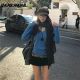 Tineit American Spicy Girl Blue Fried Dough Twists V-neck Sweater Spring Sweet Spicy Knitted Backing Shirt Slim Fit Pullover