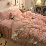 Tineit Pink Ruffled Seersucker Duvet Cover Set 3/4pcs Soft Lightweight Down Alternative Grey Bedding  with Bed Skirt and Pillowcases