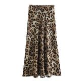 Tineit 2024 Vintage Women's Leopard Print Satin Skirt Female Summer High Waist Midi Skirt Woman Fashion Elegant Long Skirts