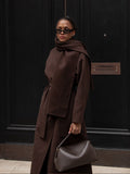 Tineit 2024 Vintage Brown Scarf Collar Women's Overcoat With Belt Fashion Long Sleeve Pockets Woolen Jacket Lady New Loose Streetwear