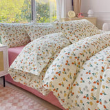 Tineit Korean Pink Rose Duvet Cover Set Soft Green Flat Sheet Quilt Cover Pillowcase Bed Linen Twin Queen Full Size Floral Bedding Set