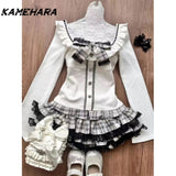 Tineit Cute Soft Girl Style Gray White Checkered Lace Patchwork Short Skirt Bow Waist Cinching Patchwork Top Autumn Y2k Sets