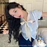 Tineit Y2k Spicy Girl Short Sleeved Striped Shirt College Style Waist Cinching Jk Uniform Short Fit Skirts Spring Autumn Sets