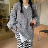 thanksgiving outfit Tineit Lantern Sleeve Knit Sweater Women Korean Solid Twist V-Neck Fall Winter Warm Pullover Fashion Loose Casual Pretty Style Jumpers