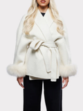 Tineit Elegant White Detachable Faux Fur Cuffs Woolen Jacket Women Chic Lace-up Lapel Long Sleeve Coat 2024 Ladies New Autumn Outerwear