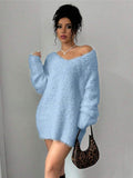 thanksgiving outfit Tineit Casual Plush V-neck Long Sweaters Women Elegant Loose Solid Long Sleeve Pullover Sweater Female Winter Autumn Chic Daily Tops