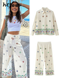 Tineit Embroidery Floral Printed Shirt Pants Sets Women Lapel Single Breasted Blouses Wide Leg Pant 2024 Summer Lady Casual 2 Piece Set