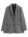 Tineit Classic Grey Wool Blends Blazer Jacket For Women Chic Turndown Collar Flip Pockets Long Sleeve Suit Coat Lady New Office Outwear