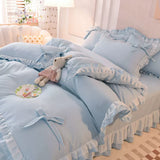 Tineit Green Bedding Sets Kawaii Seersucker Bed Sheet Pillowcase Fashion Girl Princess Duvet Cover 4 Pieces Cute Home Decoration