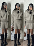 Tineit Elegant Knitted Sweater Skirt Sets Women O-neck Long Sleeve Loose Sweaters Mini Skirts Suits 2 Pieces 2025 Spring Lady Outfits