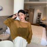 thanksgiving outfit Tineit Women Knitting Pullover Sweater Korean Loose Chic Sexy Hollow Out O Neck Tops Y2K Ladies Spring Long Sleeve Thin Jumper New