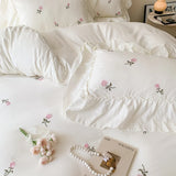 Tineit 3pcs Rose Embroidered Duvet Cover Set (1*Duvet Cover + 2*Pillowcase, Without Core), Princess Style Lace Bedding Set