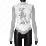 Tineit Y2K American fashion new skull print mesh stitching long sleeve top slim white Hot Girl long sleeve T-shirt sexy Slim Streetwear