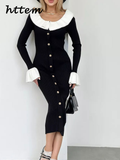 Tineit Sexy Knit Flare Sleeve Panelled Dress Women Slim Doll Collar Single Breasted Hip Package Dresess 2024 Autumn Lady Elegant Robes