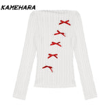 Tineit Spring Harajuku Retro Off Shoulder Long Sleeve Knitted Sweater Elegant Slim Fit Pullover Sweaters Y2K Design Sense Top