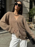 Tineit Mohair Furry Fashion Cardigan Women Single Breasted V-neck Loose Solid Long Sleeve Sweater 2025 Autumn New Chic Street Coat Top