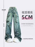 christmas outfit Tineit Women Blue Graffiti Cargo Jeans Baggy Vintage Korean Cowboy Pants Harajuku Denim Trouser 90s Aesthetic Y2k 2000s Trashy Clothes