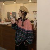 Tineit 2024 Fall Fashion Vintage Jacquard Splice Knit Sweater