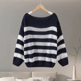 Tineit Striped Knitted Sweater Women O-neck Long Sleeve Contrast Color Loose Elegant Pullover Female 2025 Winter Casual Jumper Tops