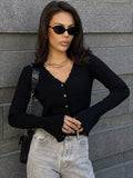 Tineit Knitted Casual Cardigans Women Single Breasted Loose V-neck Solid Office Rib Elegant Sweater Female 2025 Autumn Long Sleeve Tops