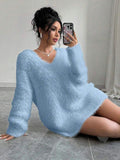 thanksgiving outfit Tineit Casual Plush V-neck Long Sweaters Women Elegant Loose Solid Long Sleeve Pullover Sweater Female Winter Autumn Chic Daily Tops