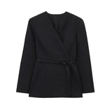 Tineit Elegant Blazer Coat Women Belts Notched Long Sleeve Slim Pocket Jacket Top Female 2025 Spring Solid Shoulder Pads Outwear Top