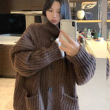 thanksgiving outfit Tineit Loose Lazy Sweater Women Twist Fashion Knit Autumn Winter Warm Cardigan Harajuku Stand Collar Gray Vintage Female Jumpers