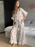 Tineit Pink Leopard Print Flare Pants Suit Women V-neck Lace Up Half Sleeves Tops Loose Trousers 2024 Spring Summer Lady 2 Pieces Sets