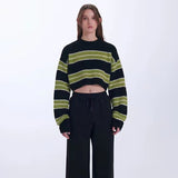 thanksgiving outfit Tineit Y2K Green Striped Crop Knit Sweater Women Korean Vintage Streetwear Long Sleeve Pullover Female Loose All-Match Short Jumper