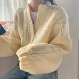 Tineit Round Neck Lantern Sleeve Knitted Cardigan