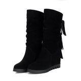 cold weather outfits Tineit Women Knee boots Slouchy Increasing heel Wedge Platform Flock Tassels Round toe Slip on Spring Autumn big size 43  12