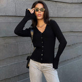 Tineit Knitted Casual Cardigans Women Single Breasted Loose V-neck Solid Office Rib Elegant Sweater Female 2025 Autumn Long Sleeve Tops