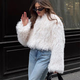 Tineit White Short Faux Fur Coat Women Fashion Loose Turn-down Collar Furry Long Sleeve Outerwear jacket 2025 Autumn Plush Overcoats