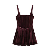 Tineit Sexy Velvet Mini Party Dress Women Burgundy Square Collar Sleeveless Backless Sling Dresses 2024 Autumn Lady Pleated Vestido New