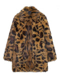 Tineit Retro Leopard Faux Fur Women Jacket Thicken Loose Full Sleeve Female Maxi Coat 2025 Autumn Winter Button Lapel Lady Overcoat