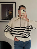 thanksgiving outfit Tineit Casual Knitted Zipper Striped Sweaters Women Loose Solid Lapel Long Sleeve Sweater Jacket Female Autumn Versatile Daily Outwear