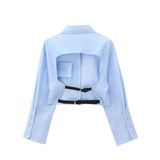 thanksgiving outfit Tineit Autumn New Product Women's Fashion Style Blue Backless Belt Poplin Turnover Long Sleeve Shirt