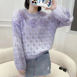 thanksgiving outfit Tineit Sweet Flowers Sweater Women Pink Beaded Hollow Out Loose O-Neck Knitted Jumpers Fashion Spring Fall Long-Sleeved Lazy Pretty Top