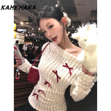 Tineit Spring Harajuku Retro Off Shoulder Long Sleeve Knitted Sweater Elegant Slim Fit Pullover Sweaters Y2K Design Sense Top