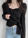 Tineit Square Neck Strappy Loose Long Sleeve Shirt