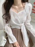 Tineit Square Neck Strappy Loose Long Sleeve Shirt