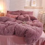 Tineit Luxury Winter Warm Long Plush Pink Bedding Set Queen Mink Velvet Double Duvet Cover Set with Fitted Sheet Warmth Quilt Covers