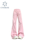 christmas outfit Tineit Women Pink Flare Jeans Vintage Cowboy Pants Harajuku Baggy Denim Trousers Streetwear 90s Aesthetic Y2k 2000s Trashy Clothes 2025