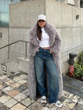 Tineit Women's Fashion Grey Warm Faux Fur Long Coat 2024 Luxury Lapel Full Sleeve Thick Fluffy Overcoat Winter Casual Female Streetwear