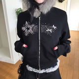 Tineit Japanese Y2k fur coat for women Retro Korean style black hooded jacket Garbage aesthetic zipper thin 90s street wear Goth coat